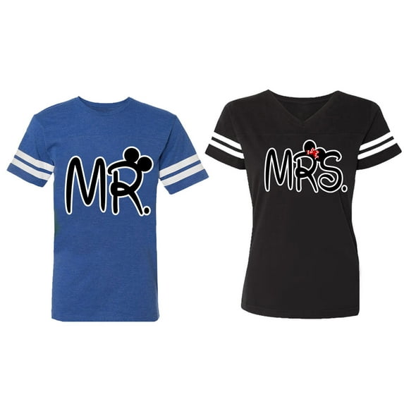 New Mr Mrs Matching Couple Cotton Jerseys (Men Royal / Women Black) (Men M / Women S)