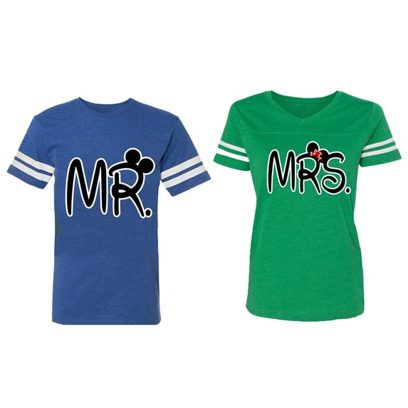 New Mr Mrs Matching Couple Cotton Jerseys (Men Royal / Women Green) (Men M / Women S)