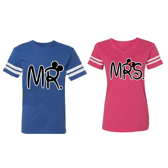 New Mr Mrs Matching Couple Cotton Jerseys (Men Royal / Women Pink) (Men L / Women M)