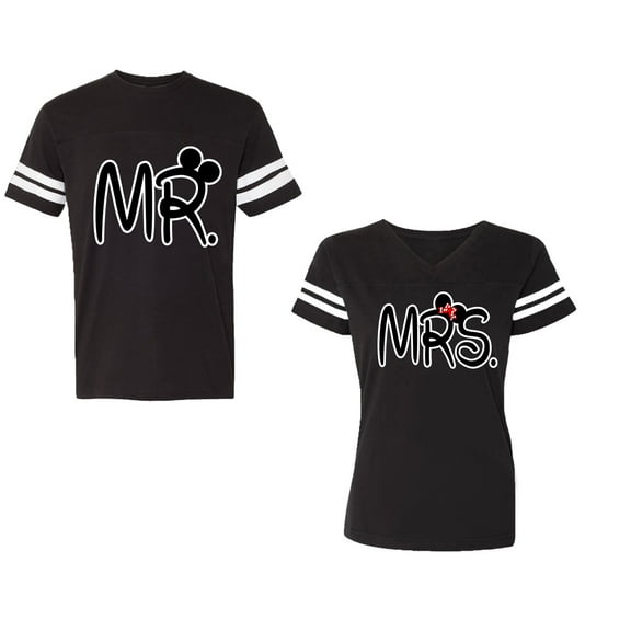 New Mr Mrs Unisex Couple Matching Cotton Jersey style T-Shirt Contrasting stripes on sleeves (Men Black / Women Black) (Men M / Women XXL)