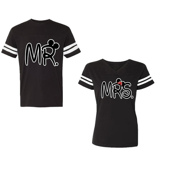 New Mr Mrs Unisex Couple Matching Cotton Jersey style T-Shirt Contrasting stripes on sleeves (Men Black / Women Black) (Men S / Women S)