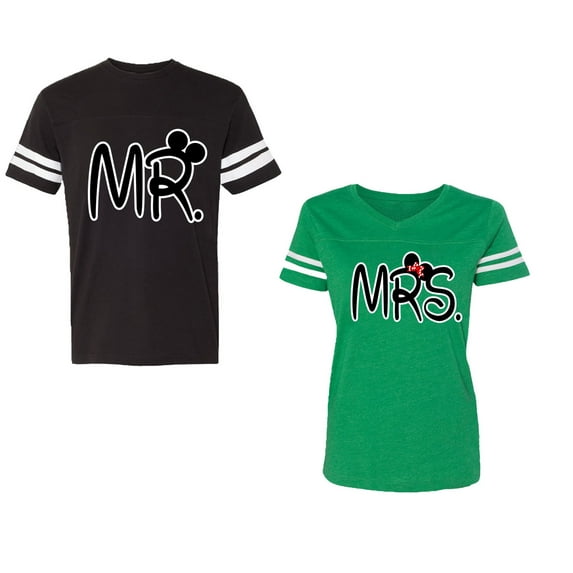New Mr Mrs Unisex Couple Matching Cotton Jersey style T-Shirt Contrasting stripes on sleeves (Men Black / Women Green) (Men L / Women XL)