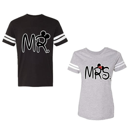 New Mr Mrs Unisex Couple Matching Cotton Jersey style T-Shirt Contrasting stripes on sleeves (Men Black / Women Heather) (Men L / Women L)