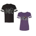 thumbnail image 1 of New Mr Mrs Unisex Couple Matching Cotton Jersey style T-Shirt Contrasting stripes on sleeves (Men Black / Women Purple) (Men L / Women M), 1 of 3