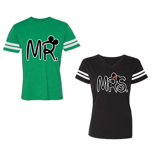 New Mr Mrs Unisex Couple Matching Cotton Jersey style T-Shirt Contrasting stripes on sleeves (Men Green / Women Black) (Men S / Women S)