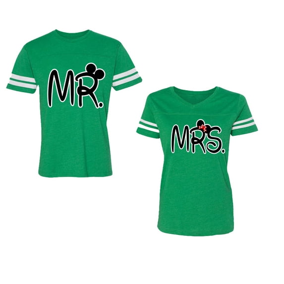 New Mr Mrs Unisex Couple Matching Cotton Jersey style T-Shirt Contrasting stripes on sleeves (Men Green / Women Green) (Men M / Women S)