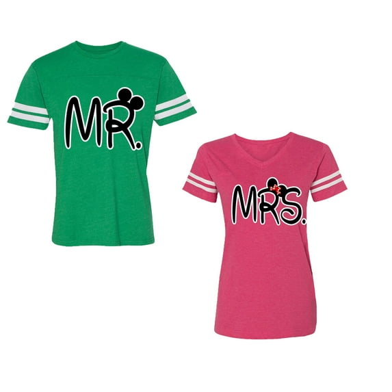 New Mr Mrs Unisex Couple Matching Cotton Jersey style T-Shirt Contrasting stripes on sleeves (Men Green / Women Pink) (Men S / Women S)