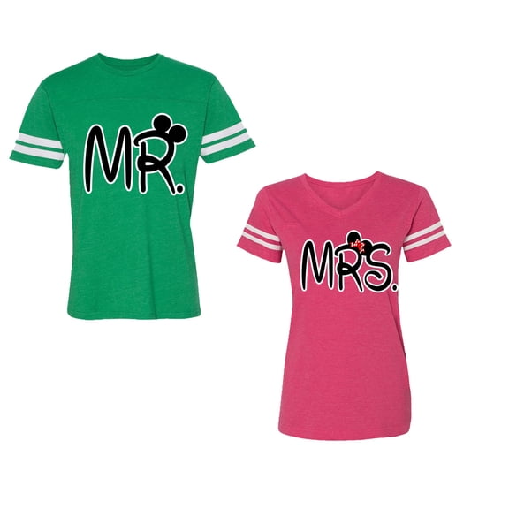 New Mr Mrs Unisex Couple Matching Cotton Jersey style T-Shirt Contrasting stripes on sleeves (Men Green / Women Pink) (Men XL / Women S)