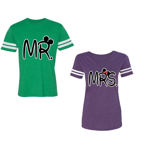 New Mr Mrs Unisex Couple Matching Cotton Jersey style T-Shirt Contrasting stripes on sleeves (Men Green / Women Purple) (Men M / Women M)