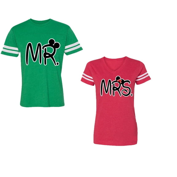 New Mr Mrs Unisex Couple Matching Cotton Jersey style T-Shirt Contrasting stripes on sleeves (Men Green / Women Red) (Men XL / Women XL)