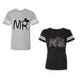thumbnail image 1 of New Mr Mrs Unisex Couple Matching Cotton Jersey style T-Shirt Contrasting stripes on sleeves (Men Heather / Women Black) (Men S / Women S), 1 of 3