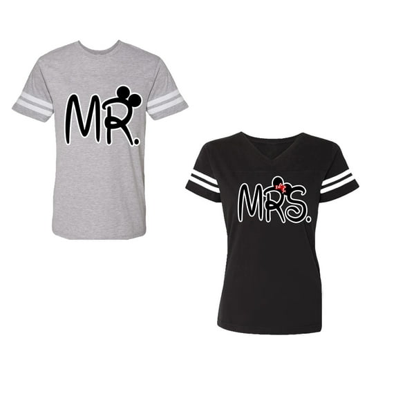 New Mr Mrs Unisex Couple Matching Cotton Jersey style T-Shirt Contrasting stripes on sleeves (Men Heather / Women Black) (Men XL / Women XXL)