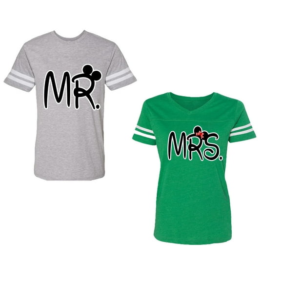 New Mr Mrs Unisex Couple Matching Cotton Jersey style T-Shirt Contrasting stripes on sleeves (Men Heather / Women Green) (Men M / Women L)