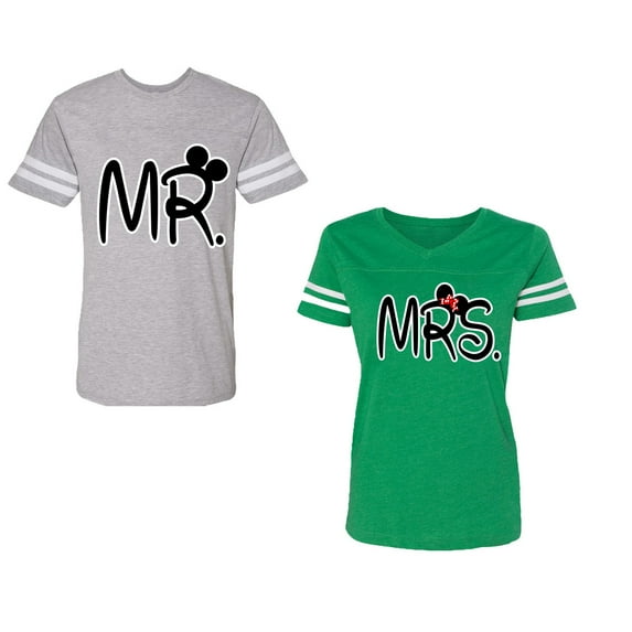 New Mr Mrs Unisex Couple Matching Cotton Jersey style T-Shirt Contrasting stripes on sleeves (Men Heather / Women Green) (Men M / Women S)