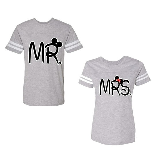 New Mr Mrs Unisex Couple Matching Cotton Jersey style T-Shirt Contrasting stripes on sleeves (Men Heather / Women Heather) (Men XXL / Women L)