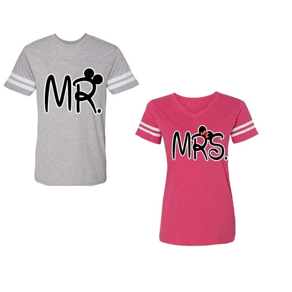 New Mr Mrs Unisex Couple Matching Cotton Jersey style T-Shirt Contrasting stripes on sleeves (Men Heather / Women Pink) (Men XL / Women M)