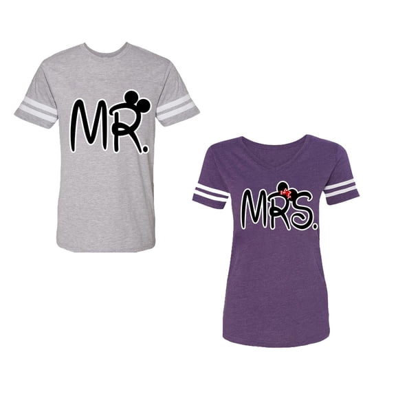 New Mr Mrs Unisex Couple Matching Cotton Jersey style T-Shirt Contrasting stripes on sleeves (Men Heather / Women Purple) (Men L / Women L)