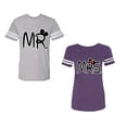 thumbnail image 1 of New Mr Mrs Unisex Couple Matching Cotton Jersey style T-Shirt Contrasting stripes on sleeves (Men Heather / Women Purple) (Men S / Women XL), 1 of 3