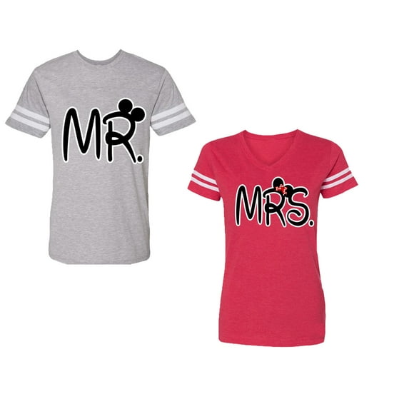 New Mr Mrs Unisex Couple Matching Cotton Jersey style T-Shirt Contrasting stripes on sleeves (Men Heather / Women Red) (Men M / Women L)