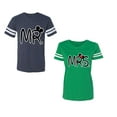 thumbnail image 1 of New Mr Mrs Unisex Couple Matching Cotton Jersey style T-Shirt Contrasting stripes on sleeves (Men Navy / Women Green) (Men L / Women L), 1 of 3
