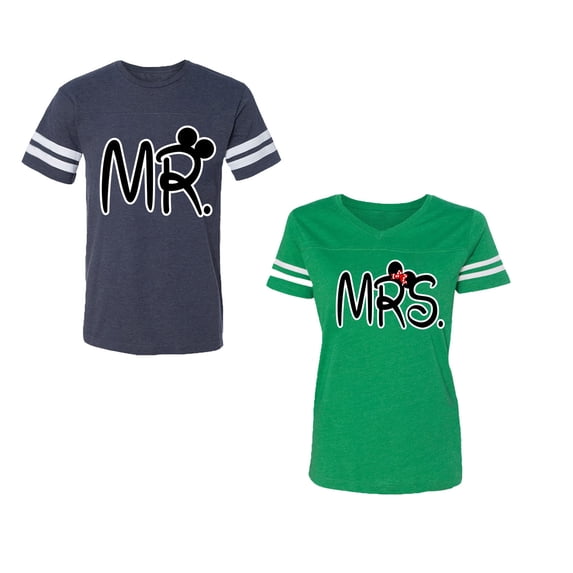 New Mr Mrs Unisex Couple Matching Cotton Jersey style T-Shirt Contrasting stripes on sleeves (Men Navy / Women Green) (Men XL / Women XL)