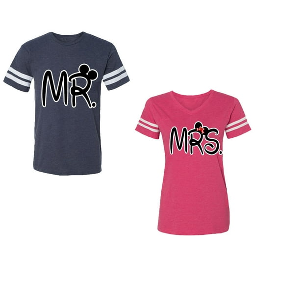 New Mr Mrs Unisex Couple Matching Cotton Jersey style T-Shirt Contrasting stripes on sleeves (Men Navy / Women Pink) (Men L / Women S)