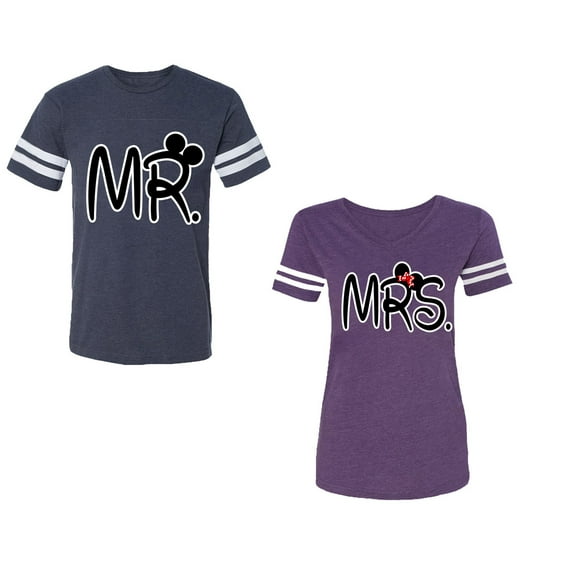 New Mr Mrs Unisex Couple Matching Cotton Jersey style T-Shirt Contrasting stripes on sleeves (Men Navy / Women Purple) (Men S / Women XXL)