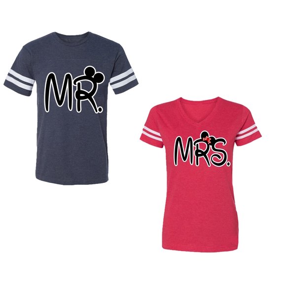 New Mr Mrs Unisex Couple Matching Cotton Jersey style T-Shirt Contrasting stripes on sleeves (Men Navy / Women Red) (Men L / Women L)