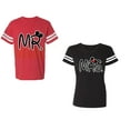 thumbnail image 1 of New Mr Mrs Unisex Couple Matching Cotton Jersey style T-Shirt Contrasting stripes on sleeves (Men Red / Women Black) (Men S / Women S), 1 of 3