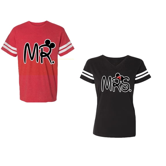 New Mr Mrs Unisex Couple Matching Cotton Jersey style T-Shirt Contrasting stripes on sleeves (Men Red / Women Black) (Men XXL / Women XL)