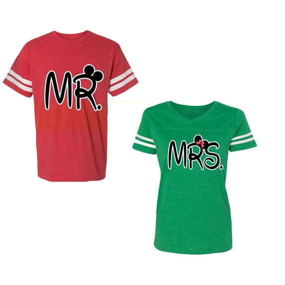 New Mr Mrs Unisex Couple Matching Cotton Jersey style T-Shirt Contrasting stripes on sleeves (Men Red / Women Green) (Men XXL / Women XL)