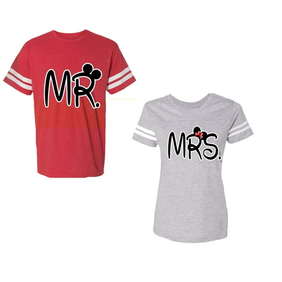 New Mr Mrs Unisex Couple Matching Cotton Jersey style T-Shirt Contrasting stripes on sleeves (Men Red / Women Heather) (Men XXL / Women L)