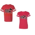 thumbnail image 1 of New Mr Mrs Unisex Couple Matching Cotton Jersey style T-Shirt Contrasting stripes on sleeves (Men Red / Women Red) (Men M / Women XL), 1 of 3