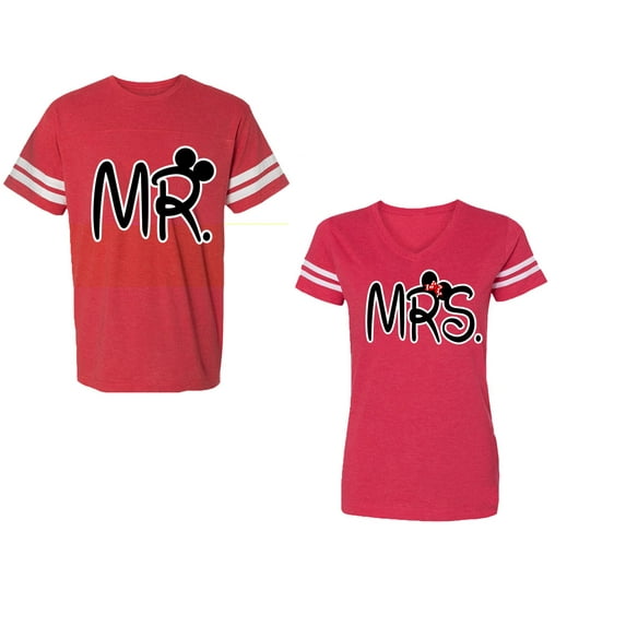 New Mr Mrs Unisex Couple Matching Cotton Jersey style T-Shirt Contrasting stripes on sleeves (Men Red / Women Red) (Men S / Women S)