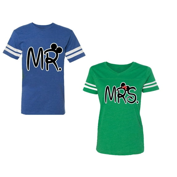 New Mr Mrs Unisex Couple Matching Cotton Jersey style T-Shirt Contrasting stripes on sleeves (Men Royal / Women Green) (Men S / Women L)