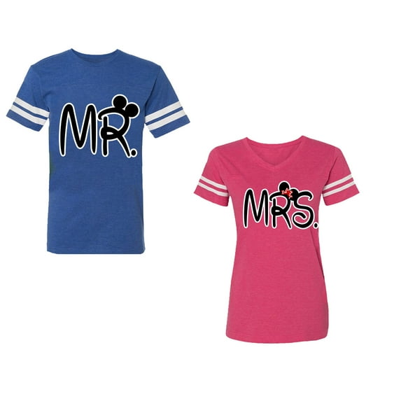 New Mr Mrs Unisex Couple Matching Cotton Jersey style T-Shirt Contrasting stripes on sleeves (Men Royal / Women Pink) (Men L / Women M)