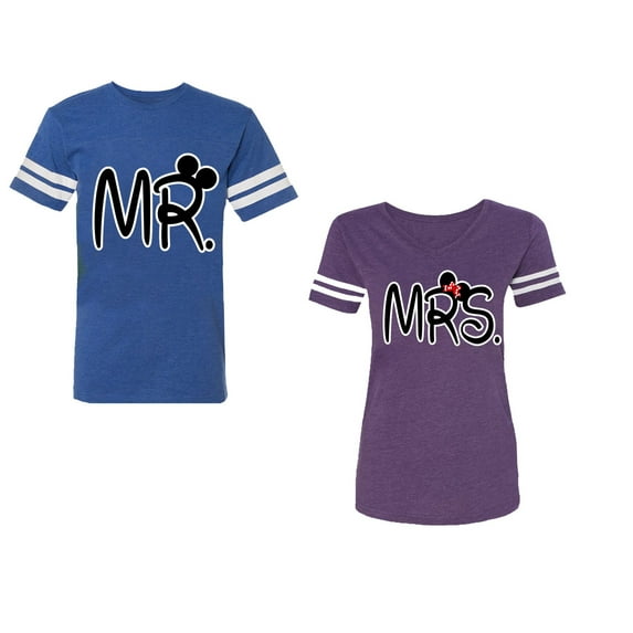 New Mr Mrs Unisex Couple Matching Cotton Jersey style T-Shirt Contrasting stripes on sleeves (Men Royal / Women Purple) (Men XL / Women L)