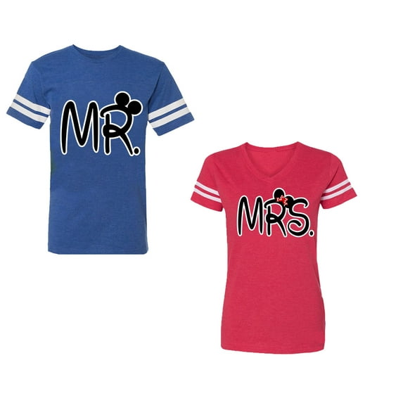 New Mr Mrs Unisex Couple Matching Cotton Jersey style T-Shirt Contrasting stripes on sleeves (Men Royal / Women Red) (Men XL / Women M)