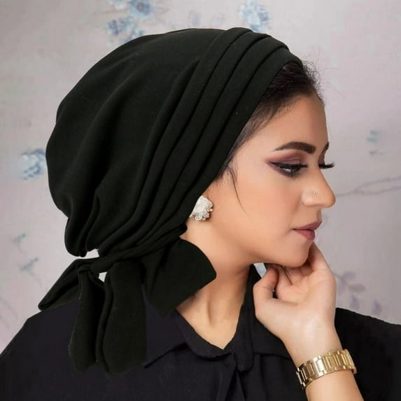 New Mujer Solid Color Ruffle Suede Surface Pre-Tied Turban Chemo Cap Muslim Women Hijab Bonnet Islamic Cancer Headwear Scarf BLACK