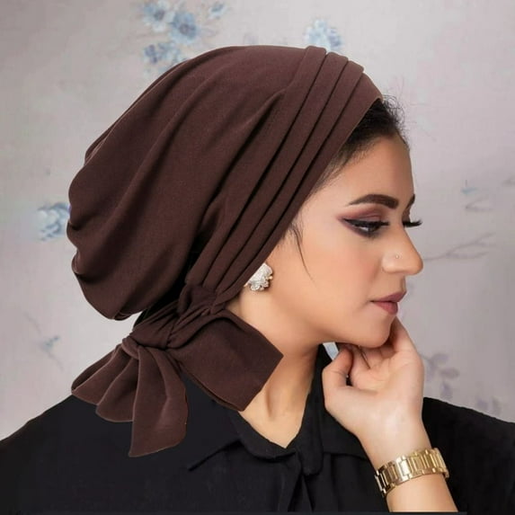 New Mujer Solid Color Ruffle Suede Surface Pre-Tied Turban Chemo Cap Muslim Women Hijab Bonnet Islamic Cancer Headwear Scarf COFFEE