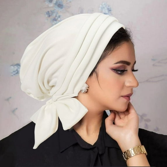 New Mujer Solid Color Ruffle Suede Surface Pre-Tied Turban Chemo Cap Muslim Women Hijab Bonnet Islamic Cancer Headwear Scarf WHITE