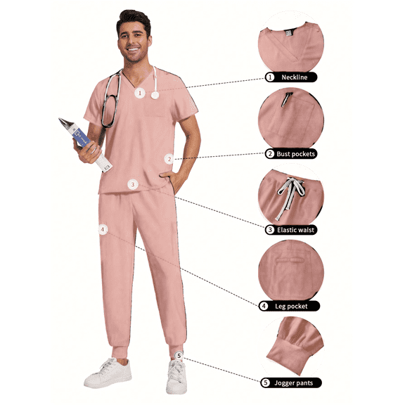 New Multicolor Two Pcs Set Men's Scrub Suit Nurse Uniform V Neck Short Sleeve Scrub Top Jogging Pants Work Clothes Doctor