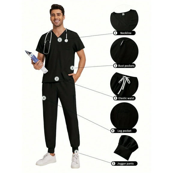 New Multicolor Two Pcs Set Men's Scrub Suit Nurse Uniform V Neck Short Sleeve Scrub Top Jogging Pants Work Clothes Doctor
