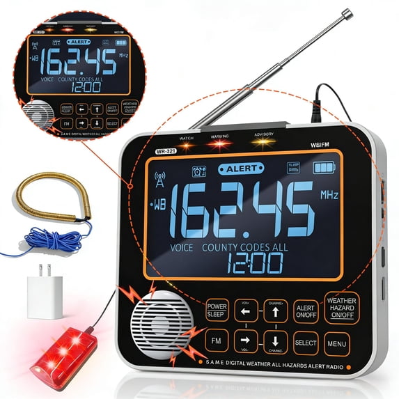 New NOAA Weather Alert Radio, S.A.M.E Localized Alerts, Battery Backup, External Antenna and Warning Light for Home Emergency