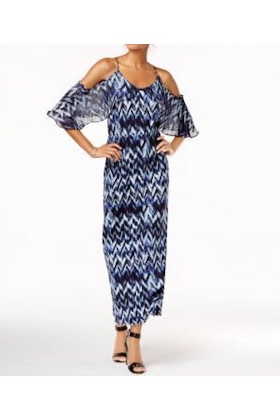 New NY Collection Women Stretch Blue Printed Cold Shoulder Ruffled Maxi Dress S