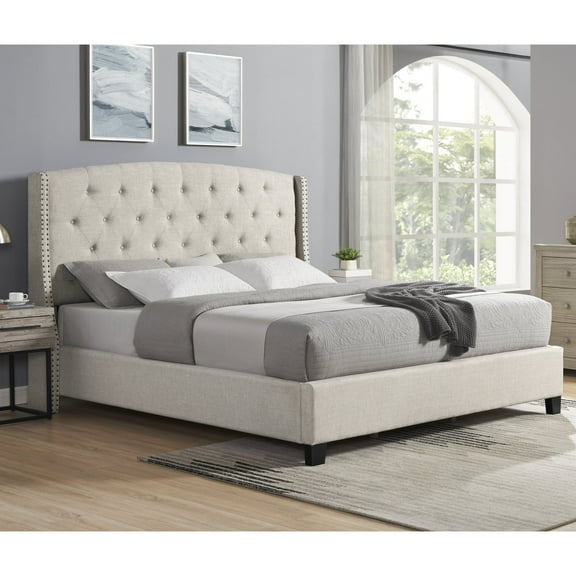New Nantarre Fabric Button Tufted Wingback Upholstered Bed with Nail Head Trim, Beige