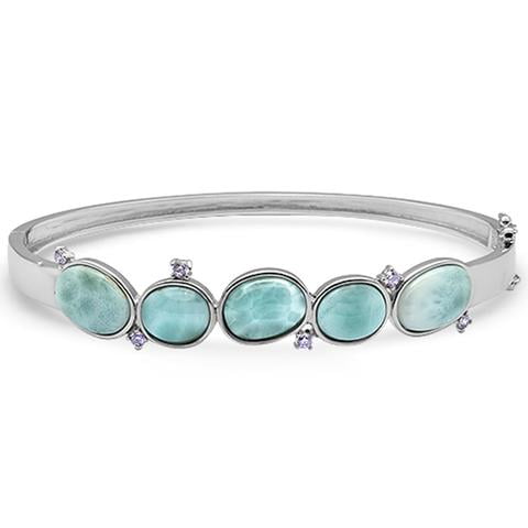 New Natural Larimar Oval & Amethyst .925 Sterling Silver Bangle Bracelet