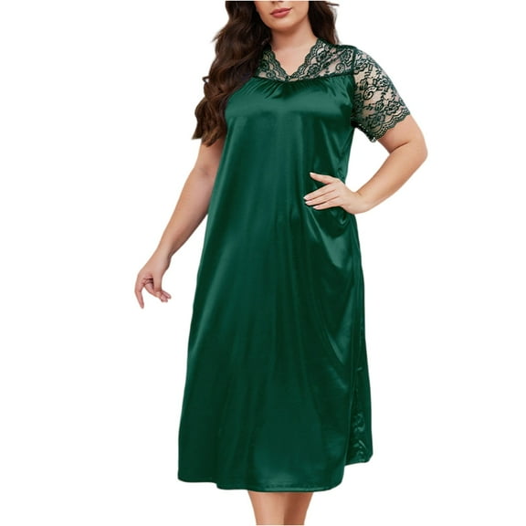 New Nightgown Women Leisure Homewear Sexy Lace Splicing Sleeve Nightdress Long Sleepwear Soft Satin Loungewear Big Size Women Colthing