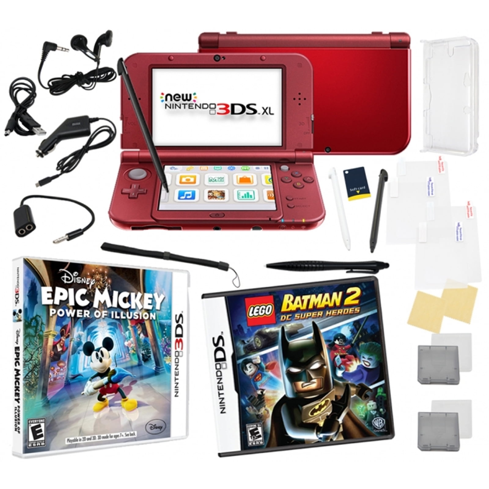 New Nintendo 3DS XL Red Bundle with 2 Games & 17 in 1 Kit
