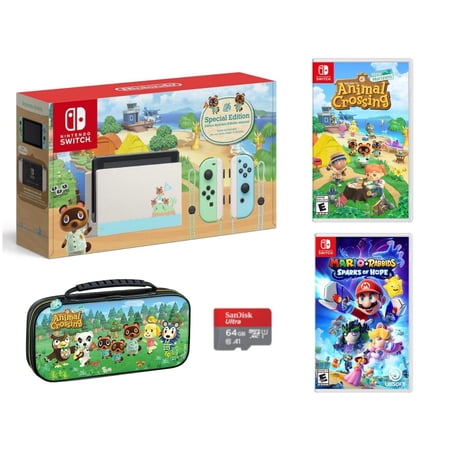 New Nintendo Switch Animal Crossing Limited Edition - Bundle with Mario Rabbids Sparks of Hope - 64GB Micro SD - PowerA Case